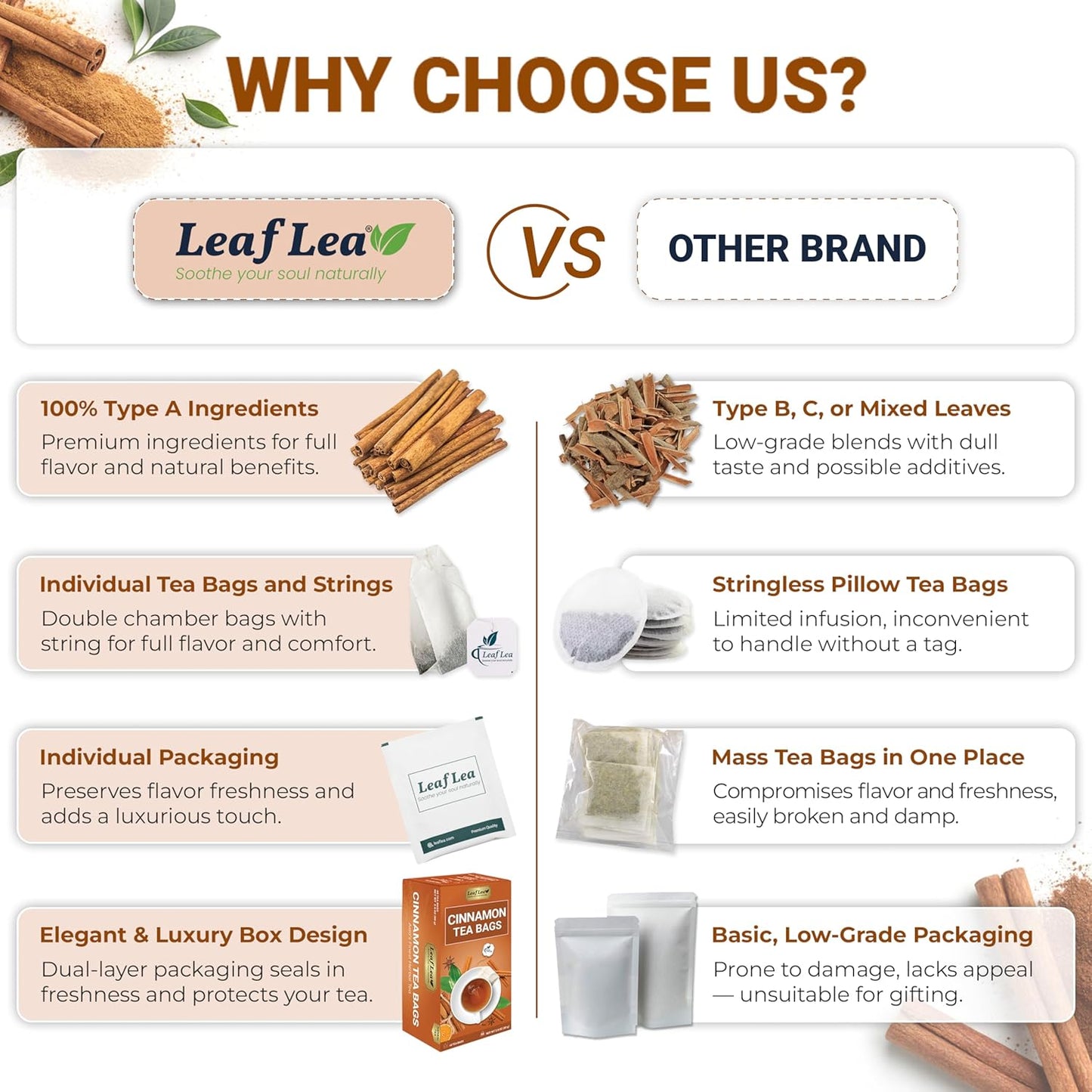 LeafLea 40 Cinnamon Tea Bags, 100% Natural Ground Cinnamon Stick Herbal Tea, Spiced and Warming Flavor for Relaxation, Caffeine-Free, Sugar-Free, Non-GMO, Vegan