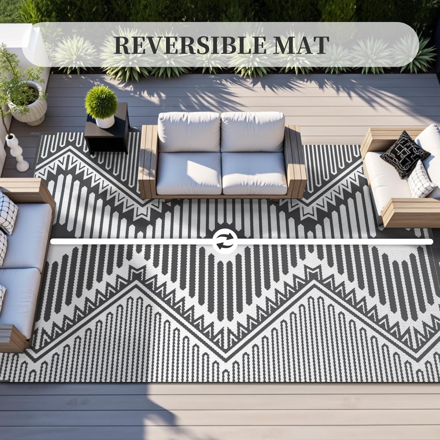 MontVoo Outdoor Rug-Waterproof Camping Rug Patio Rug Mat 6x9 Reversible Plastic Straw Outside Outdoor Rug for RV Camping Picnic Beach Balcony Backyard Pool Deck Porch Modern Boho Grey