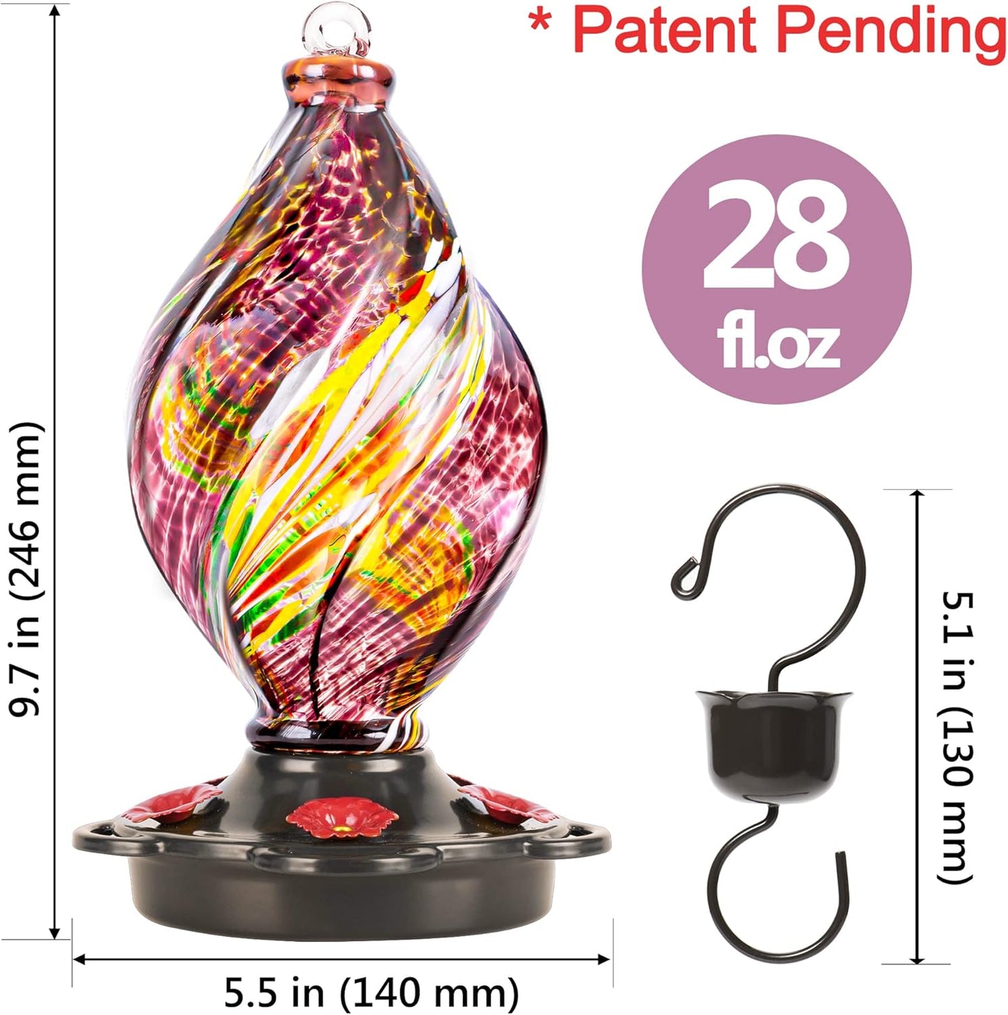 LUJII Ice Cream Shaped Spiral Hummingbird Feeder for Outdoors Hanging, Hand Blown Glass, 28 fl.oz, Leak Proof & Rustproof, Includes an Ant Moat with Hook, Unique & Stylish Glass Art & Decor (Purple)