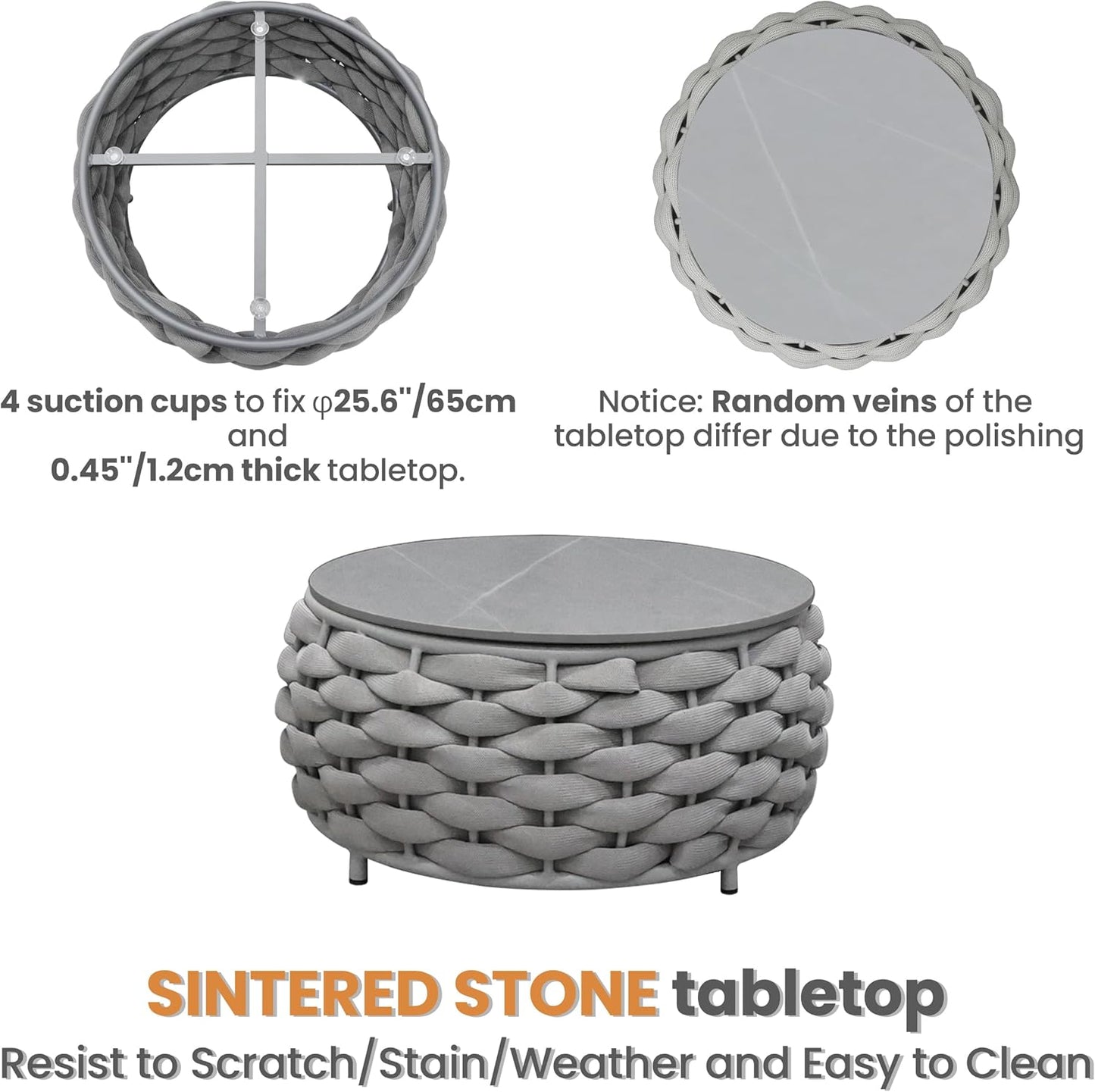 4 Pieces Courtyard Seating Set: Aluminum Woven Rope Patio Furniture Chair Set - All Weather Metal Outdoor Conversation Set - Assembled Armchair with Table Set for Bistro Deck Porch Balcony, Grey