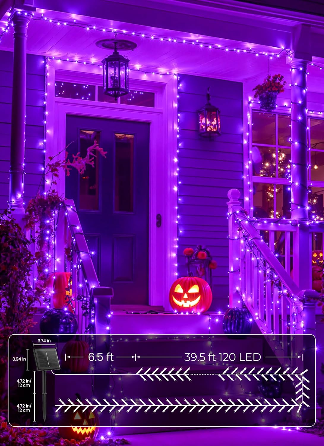 Brightown 4 Pack Halloween Solar String Lights, Total 184FT 480 LED Solar Lights Outdoor Waterproof Black Wire with 8 Modes, Solar Fairy Light for Garden Yard Patio Party Decors, Purple