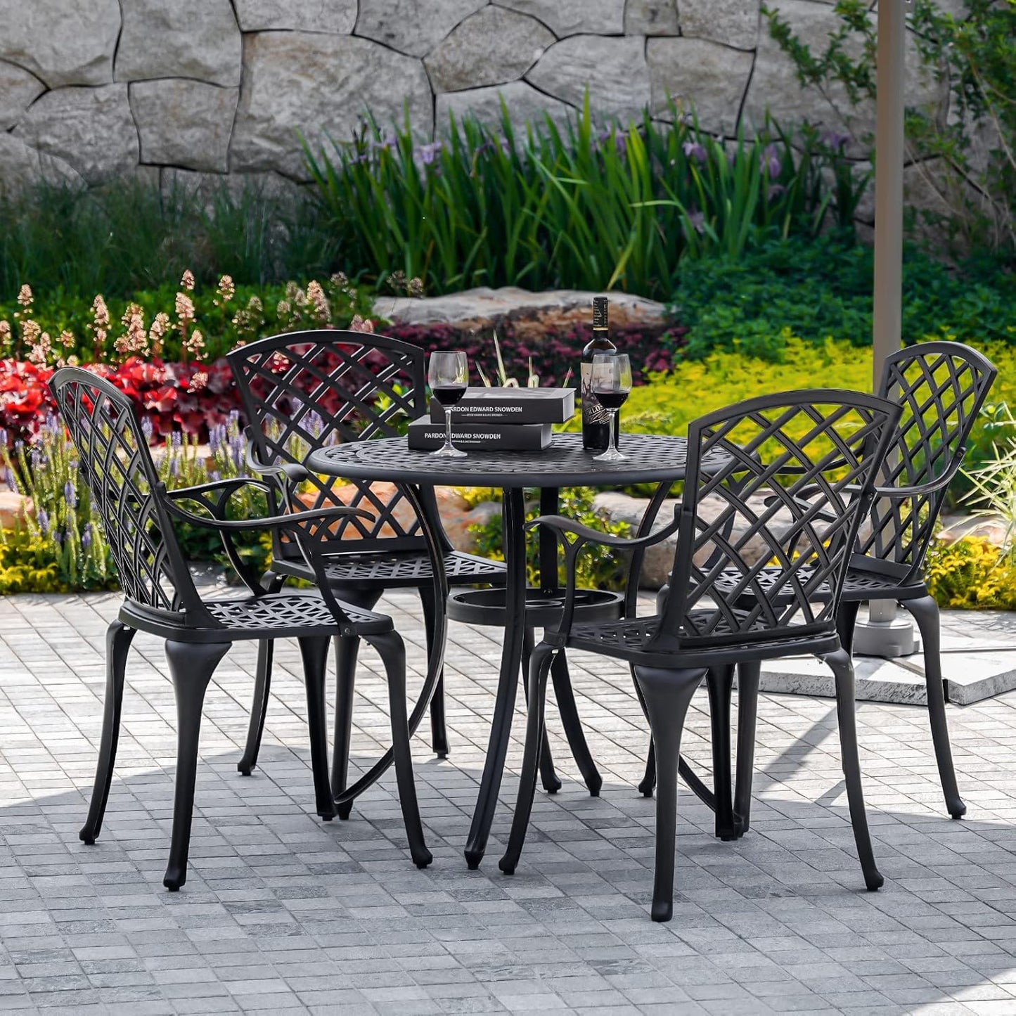 5-Piece Patio Dining Set Outdoor Bistro Set,Anti Rust Cast Aluminum Patio Table and Chair Set of 4 with Umbrella Hole,Suitable for Patio Garden Deck(Antique Bronze)
