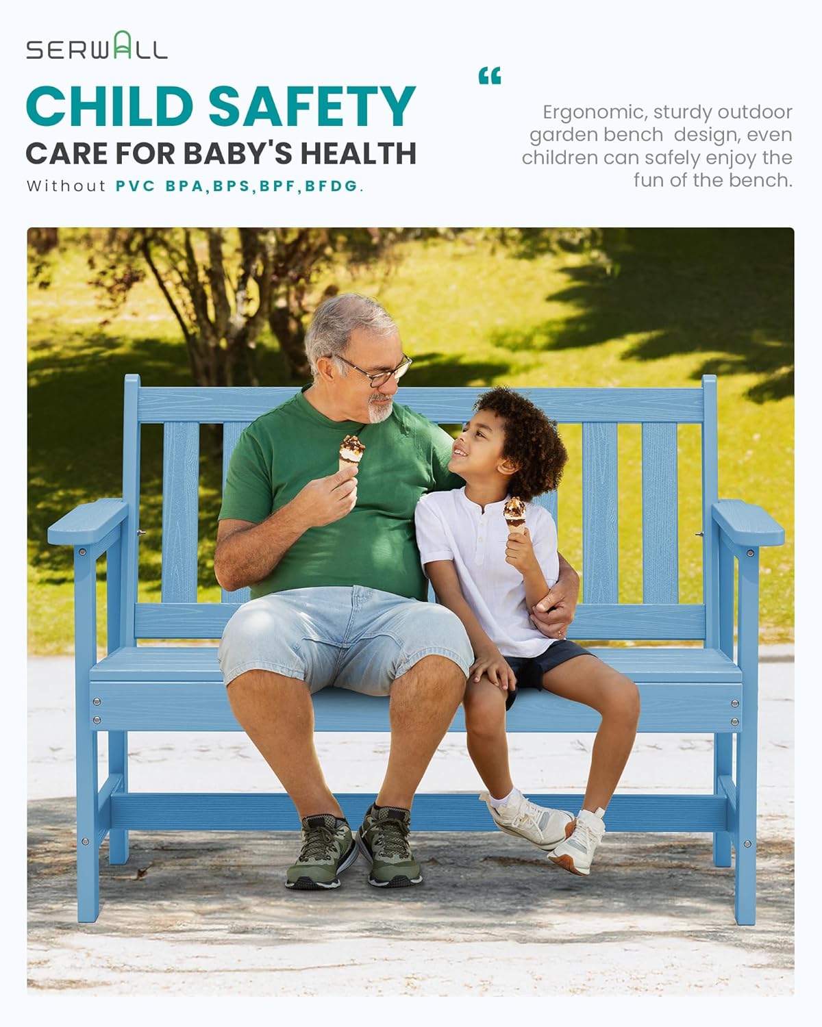 SERWALL Outdoor Bench, HDPE Outdoor Benches Weatherproof, 2-Person Garden Bench with 660 lbs Weight Capacity, Patio Benches for Outdoors, Garden, Porch, Backyard and Park, Light Blue, 2 Pack