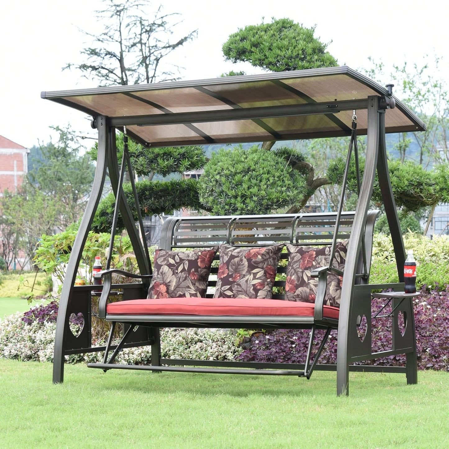 3-Seat Solar Outdoor Patio Swing Chair with Footrest Outdoor Porch Swing with Aluminum Frame Adjustable Tilt Canopy for Poolside Balcony Backyard (Floral Pillow + Red Cushion)