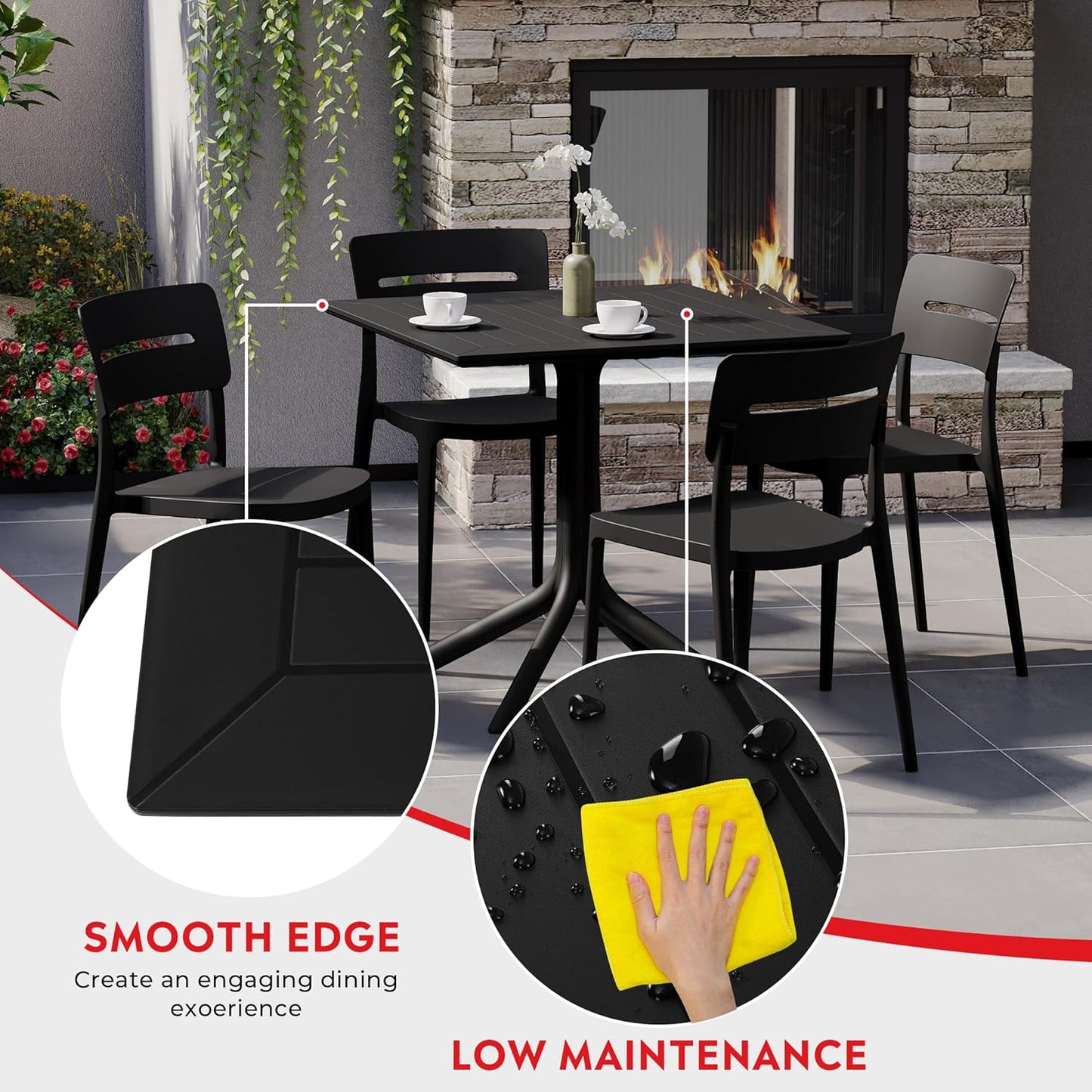 5 Piece Patio Furniture Set, HDPE Patio Square Bistro Table and Stackable Chairs Sets for 4, Outdoor Furniture All Weather for Backyard Poolside, Black