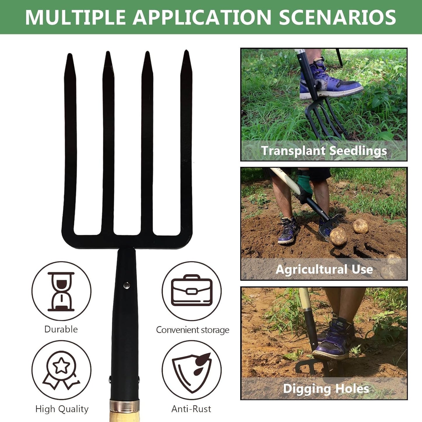 Garden Fork, 4-Tine Spading Digging Fork, Pitch Fork-45Inch, Forged Steel Y-Grip, Wood Handel