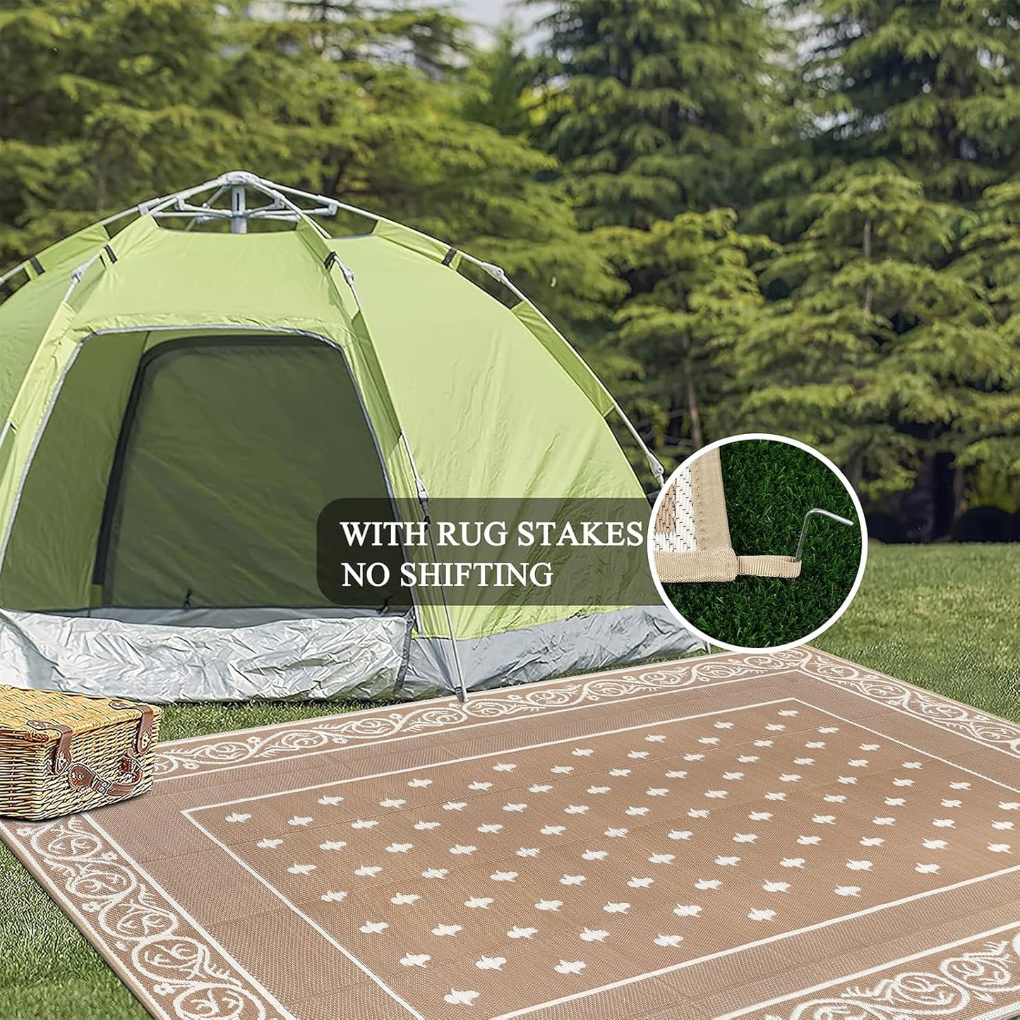 Pauwer Waterproof Outdoor Rug 9x12, Reversible Plastic Straw Patio Camping Rug, Indoor Outdoor RV Mat Carpet for Deck, Camper, Porch, Balcony, Backyard, Picnic, Bordered Beige