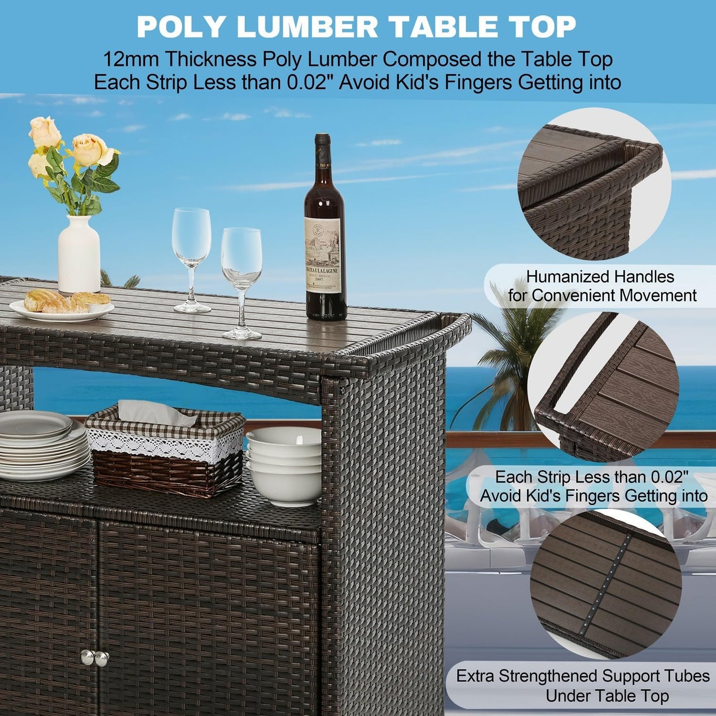 Outdoor Bar Cart with Storage Cabinet Patio Wicker Sideboard Buffet Cabinet Prep Table Outside Kitchen Serving Cart with Rolling Wheels & Handle Rattan Portable Bar Table with Shelves Doors Brown