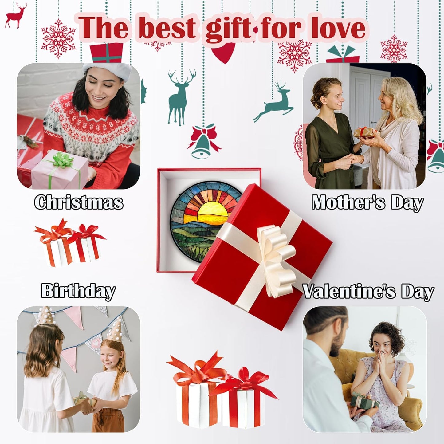 Stained Glass Window Hanging, Golden Red Sun Green Mountain Suncatcher for Window Home Decor Nature Landscape Sun Catcher Mother's Day Birthday Gifts for Women Men Mom Nana 6.3 in