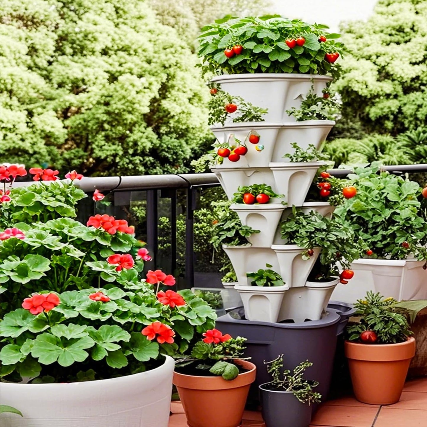 7 Tiered Strawberry Planters 3 Pack, Vertical Stackable Planter, Herb Stacking Tower Garden, Flower and Vegetable Planters with Support Pole Indoor and Outdoor with Removable Wheels Dark Grey