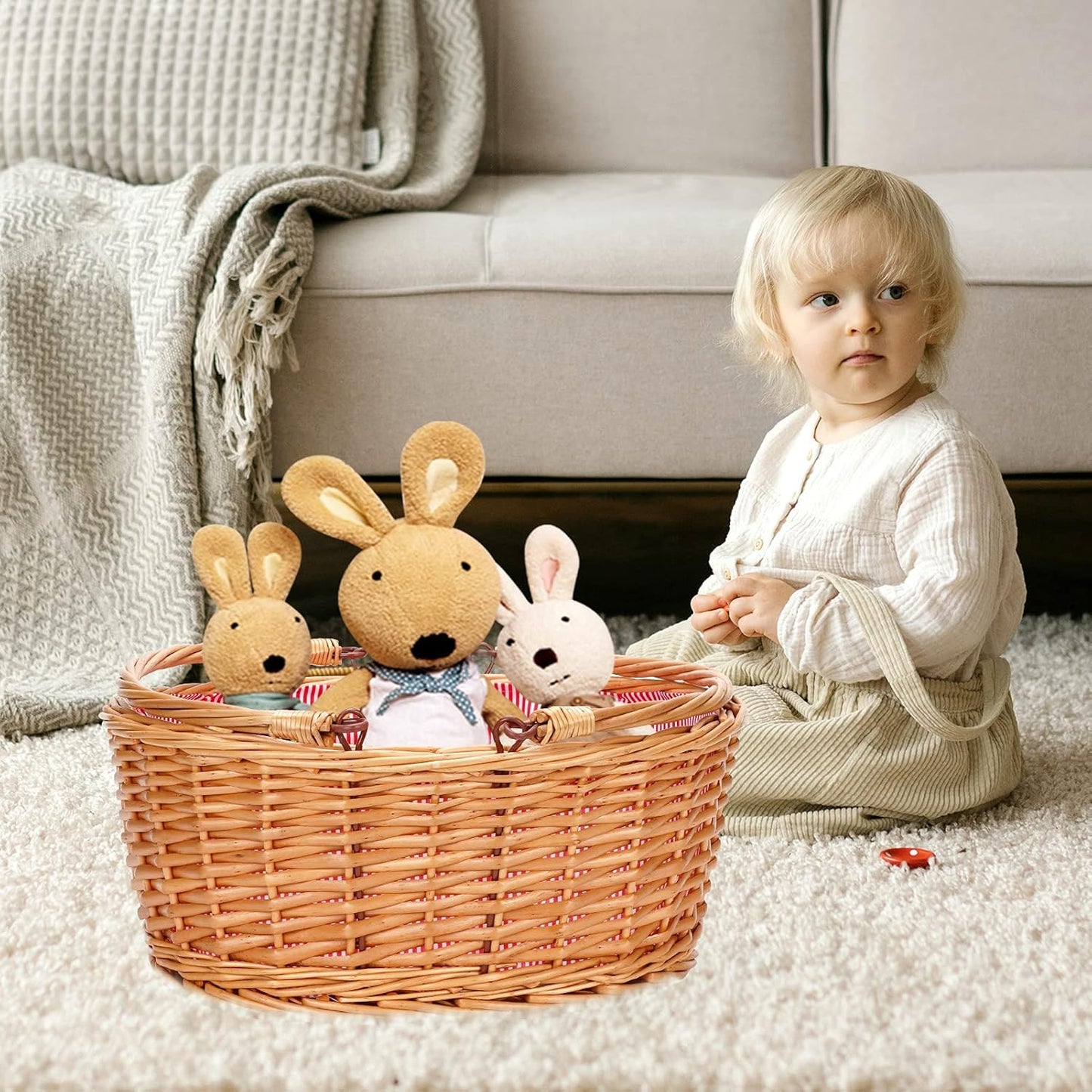 Wicker Picnic Basket with Double Folding Handles, Natural Large Willow Hamper Empty Basket Cheap Easter Eggs Candy Storage Wine Basket for Toy, Flower, Wedding(Red 16inch)