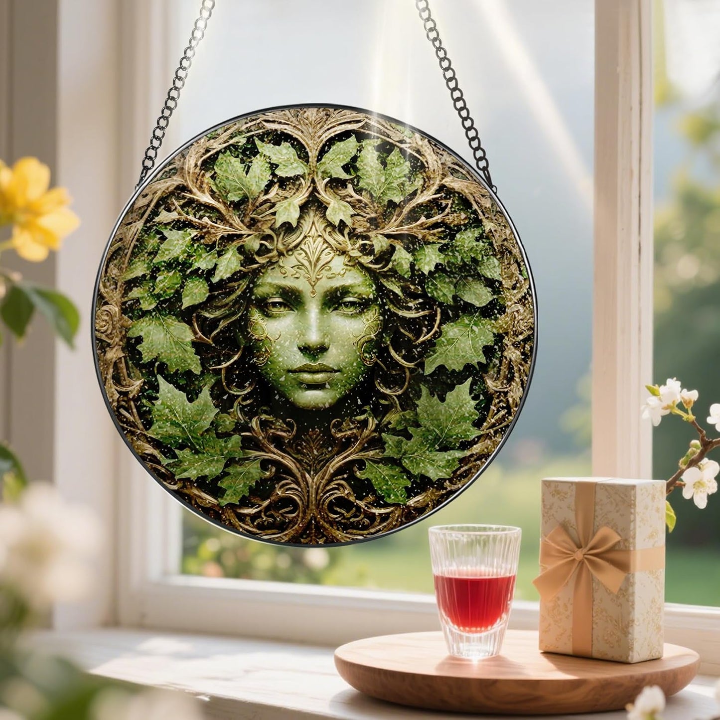 Green Man Stained Glass Suncatcher, Stained Glass Window Hanging, 8 Inch Window Decor Hanging, Gift for Garden Lovers, Mothers Day Birthday Gifts for Mom Grandma Women Sister Wife Lady Lover