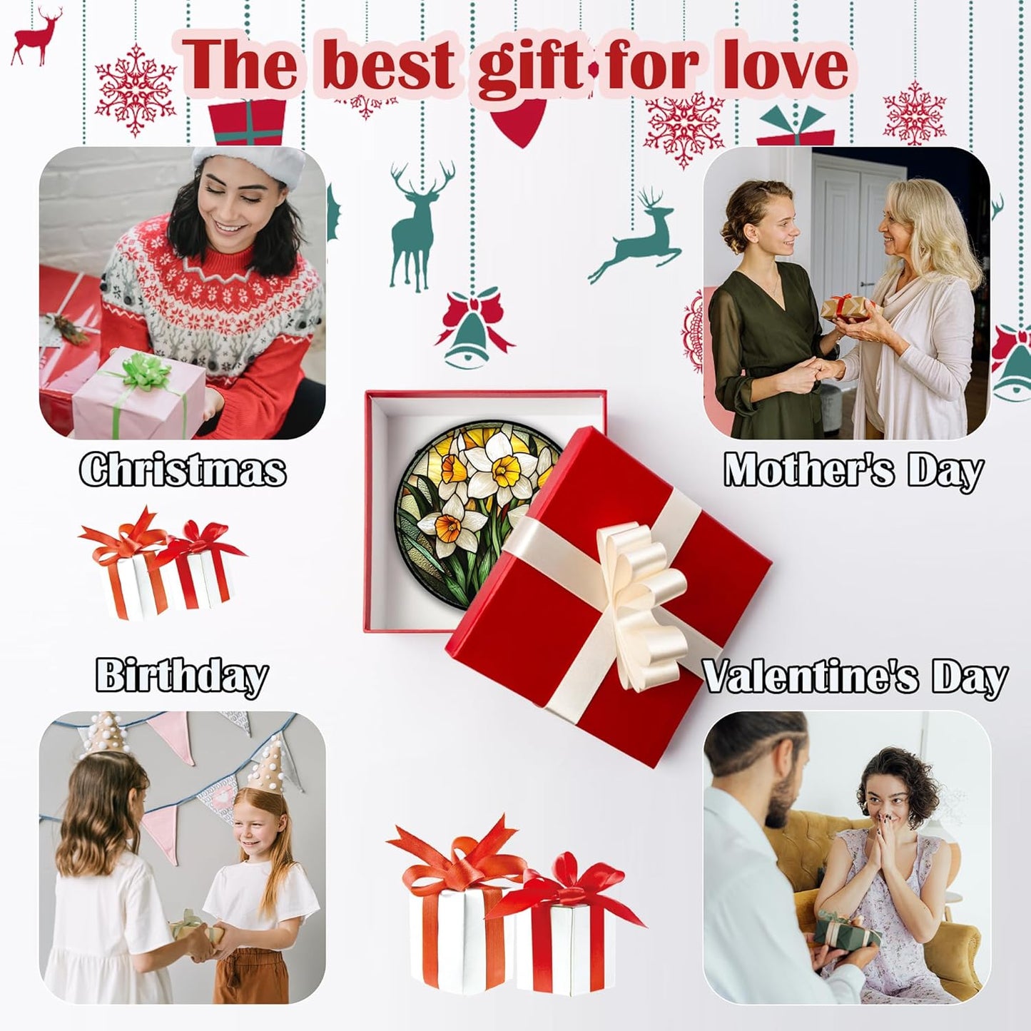 Stained Glass Window Hanging, Yellow and White Daffodils Sun Catcher for Door Home Decor Plants Flowers Suncatcher Christmas Mother's Day Birthday Gifts for Women Men Mom Nana 15 in