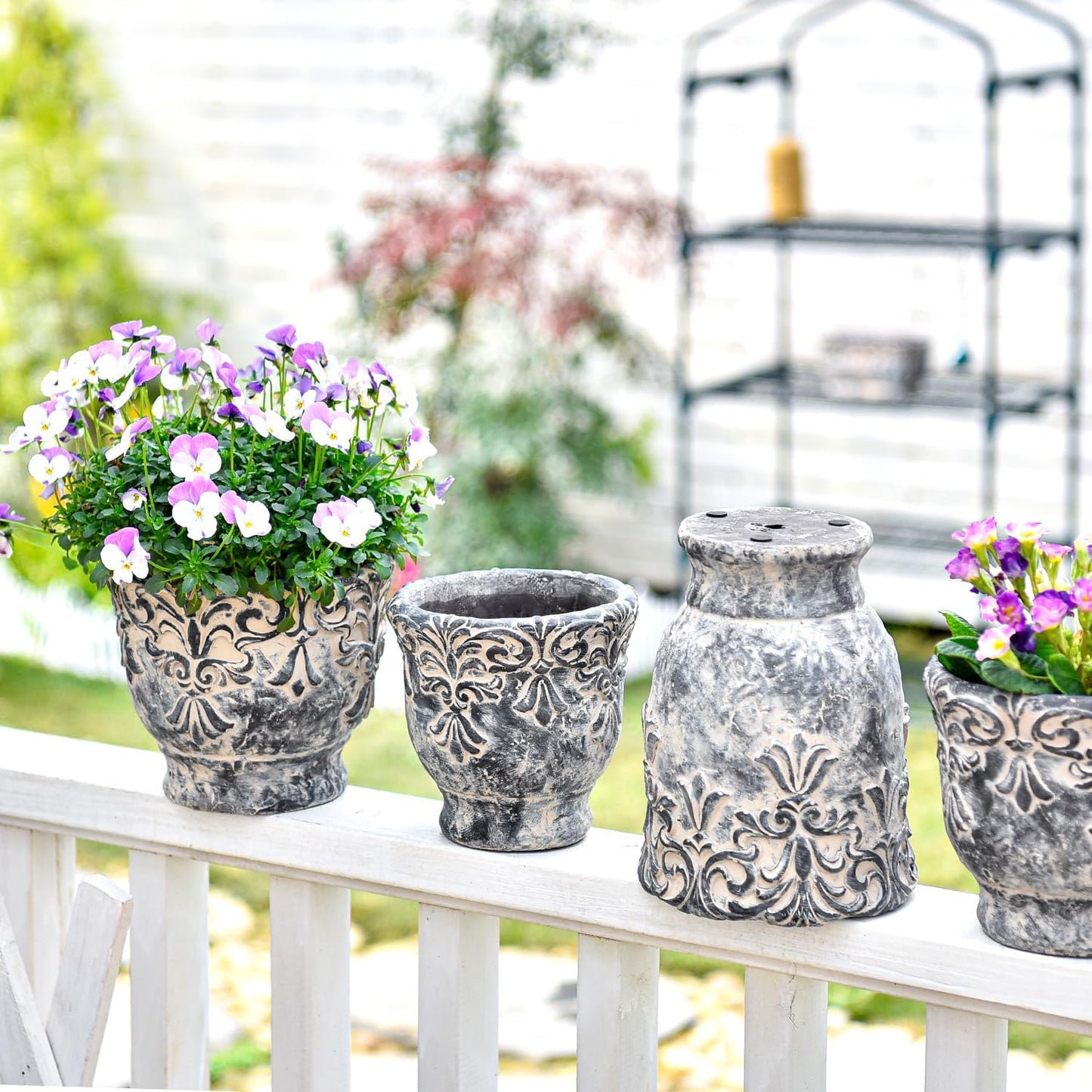 Sungmor 7.3 Inch Cement Plant Pot for Plants, Succulent Planter with Embossed Design, Vintage Concrete Flowerpots with Drainage Hole, Decorative Orchid Houseplant Pot Indoor Outdoor Plant Container