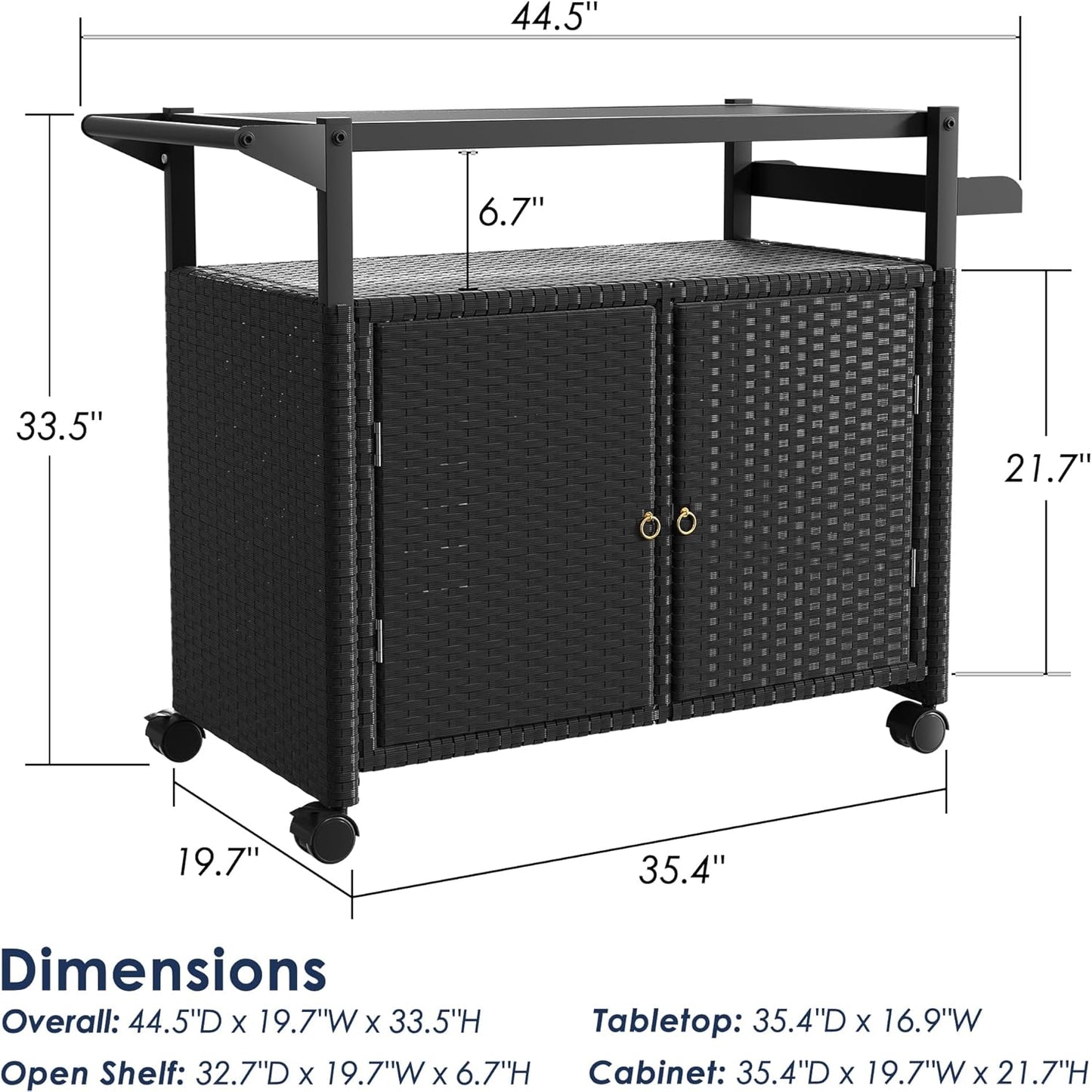 Xilingol Outdoor Bar Table, Wicker Bar Cart with Cabinet, Patio Serving Cart with Tempered Glass Top, Lockable Wheels, Rounded Handle & Side Basket for Garden, Poolside & Backyard, Black