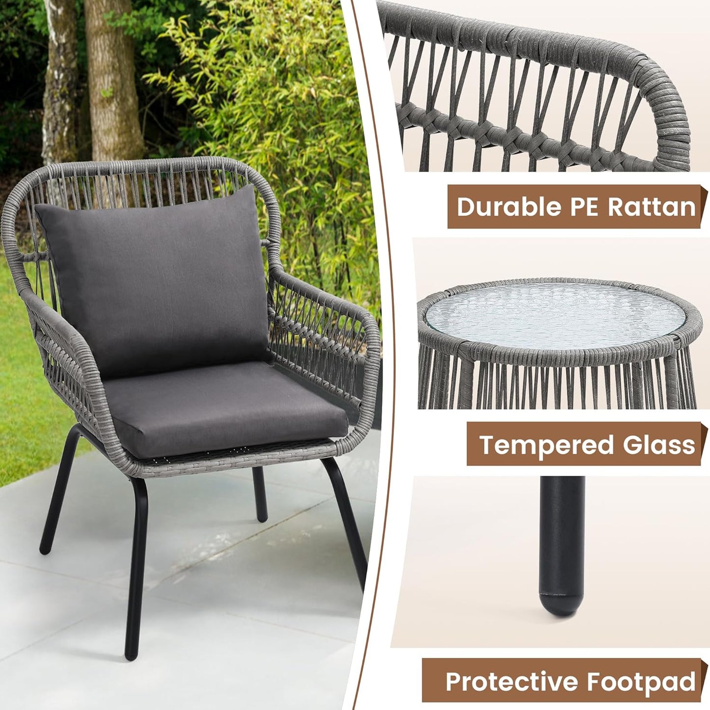 3 Pieces Rattan Wicker Bistro Set, Outdoor Conversation Set, Wicker Rattan Furniture Set with Glass Top Table, Space Saving for Balcony, Backyard, Grey