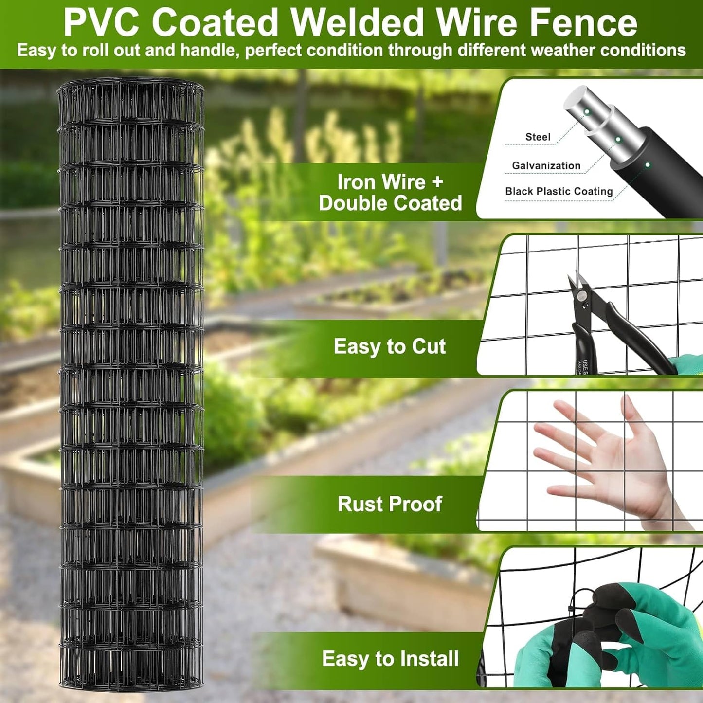 Black Welded Wire Fence 36 Inch x 59 Foot, 2.4" x 2.4" 14GA PVC Coated Wire Fencing for Garden Bed, Vinyl Coated Metal Wire Mesh Roll for Yard Vegetable Plant Protection Chicken Dog Poultry Netting