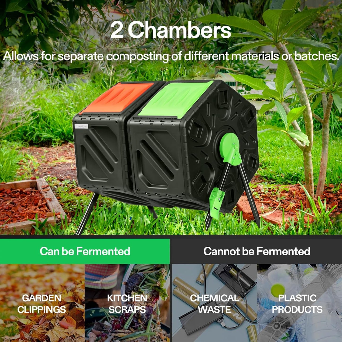VIVOSUN Dual Chamber Tumbling Composter, 2X 18.5 Gallon Compost Bin, Heavy-Duty Compost Tumbler w/Sliding Door, Plastic, Black