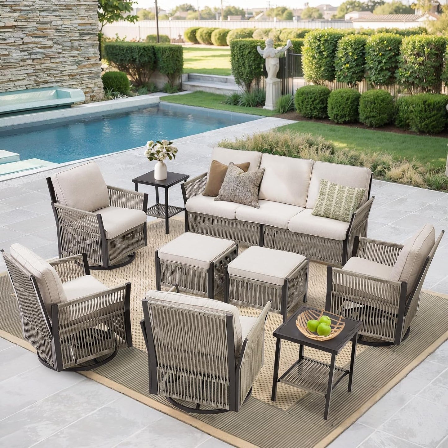 Patio Furniture Wicker Outdoor Conversation Set, 9-Piece All Weather Patio Furniture Rattan Sofa Sets w/Swivel Rocking Chairs & Ottomans, Side Table for Backyard, Balcony, Deck, Beige