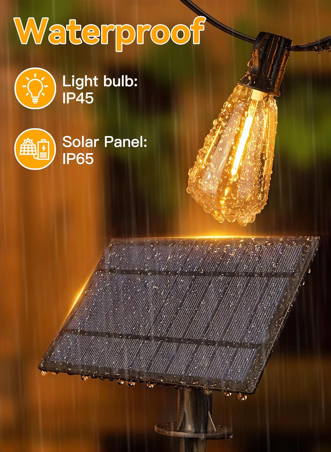 Ollny 50+2 LEDs ST38 Solar String Lights, 100 FT USB & Solar Dual Charging Outdoor String Lights, 3 Modes 5 Timers 10 Brightness 2200K Waterproof Patio Lights for Porch Garden Market Bistro Camping