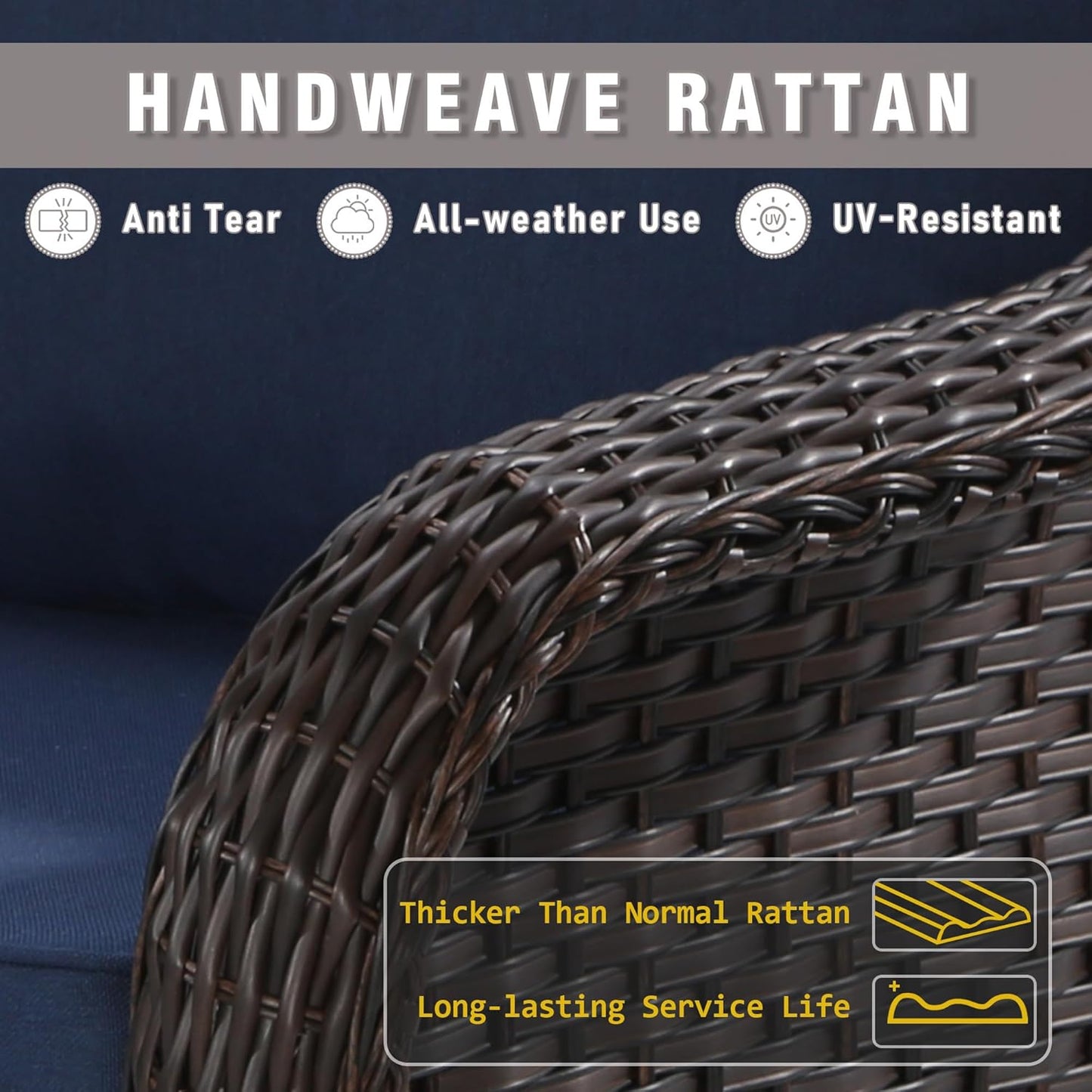 Outdoor Wicker Chair Set of 2, All-Weather Use Patio Rattan Chair with Seat and Back Cushion, Ideal for Porch, Backyard, Balcony, Poolside, Blue