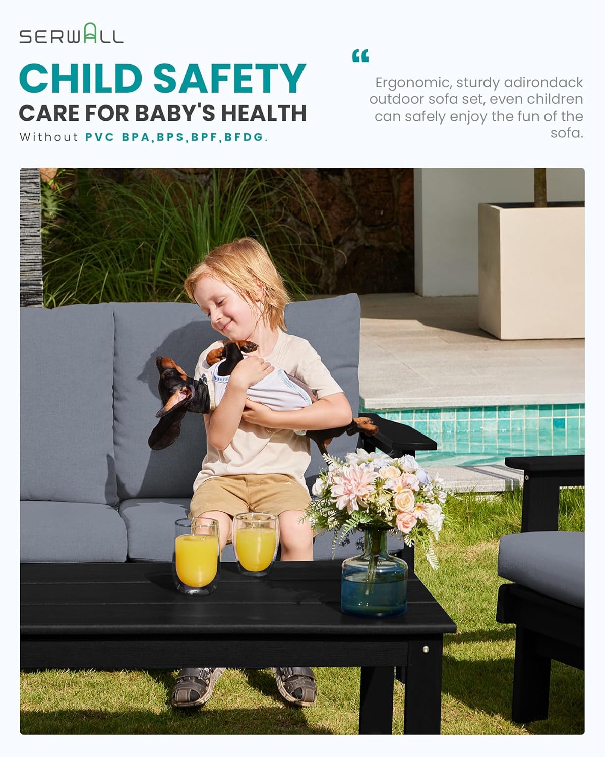 SERWALL HDPE Outdoor Patio Loveseat, Black Frame and Grey Cushion