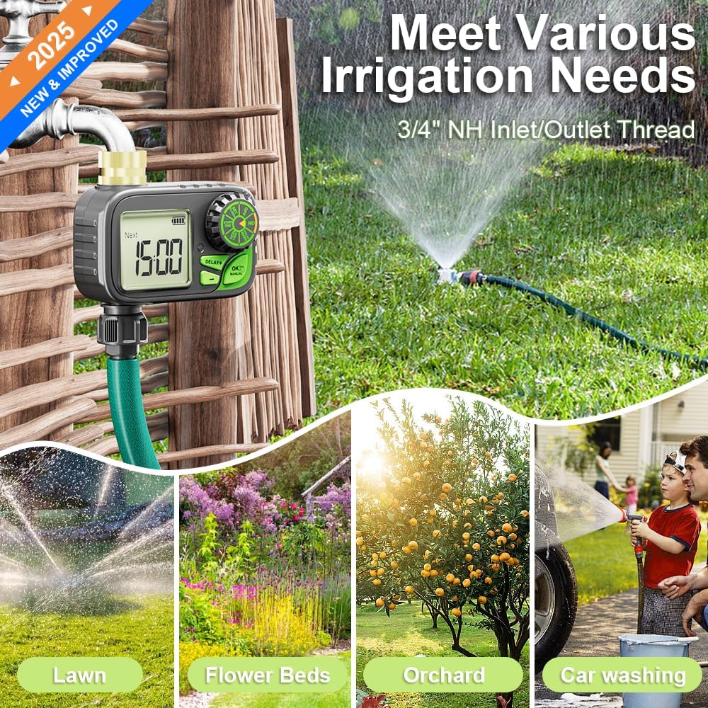 Sprinkler Timer Water Hose Timer - Programmable Digital Irrigation Outdoor Waterproof with Rain Delay, Manual, Automatic Watering System for Yard, Lawn, and Garden Hose Brass Inlet 1 Outlet