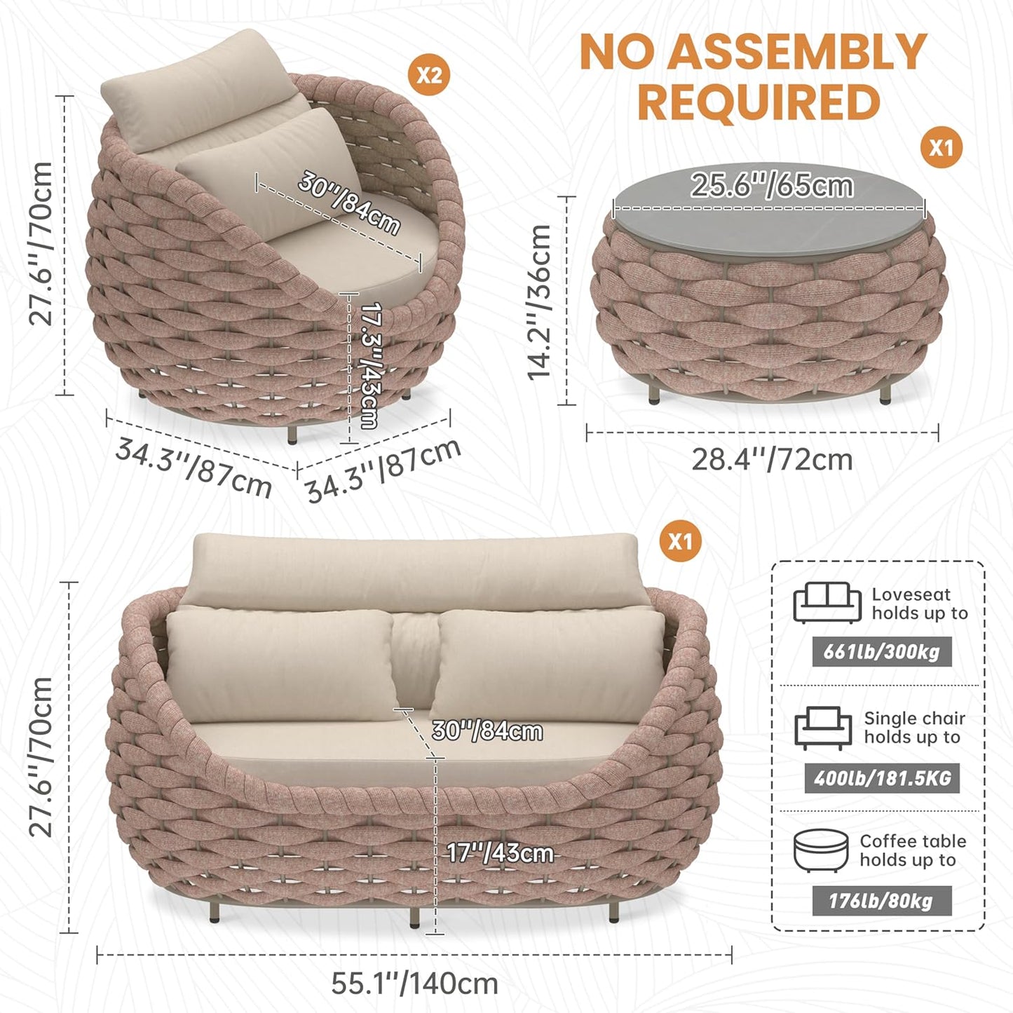 4 Piece Aluminum Patio Furniture: Hand Woven Rope Sofa - Modern Outdoor Sofa Seating with Cushion - All Weather Patio Set for Deck, Yard, Garden, Poolside, Hotel - Terracotta