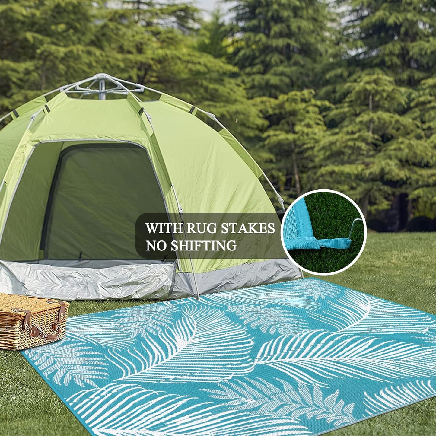 Pauwer Waterproof Outdoor Rug 8x10, Reversible Plastic Straw Patio Camping Rug, Indoor Outdoor RV Mat Carpet for Deck, Camper, Porch, Balcony, Backyard, Picnic, Leaf Teal