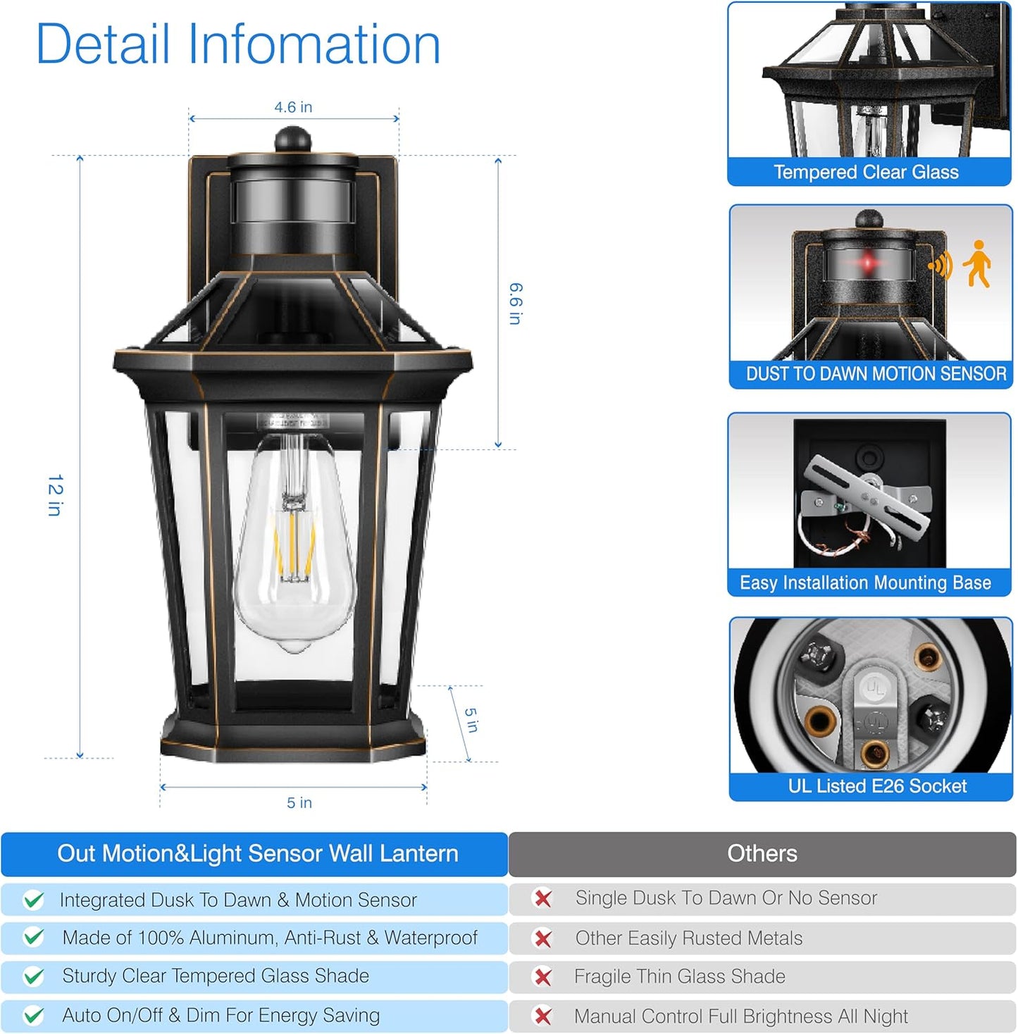 VIANIS Motion Sensor Outdoor Wall Lantern, Black Waterproof Dusk to Dawn LED Exterior Wall Sconce, Anti-Rust Aluminum Modern Outdoor Lights Fixtures Wall Mount for Porch, Entryway, Garage, Front Door