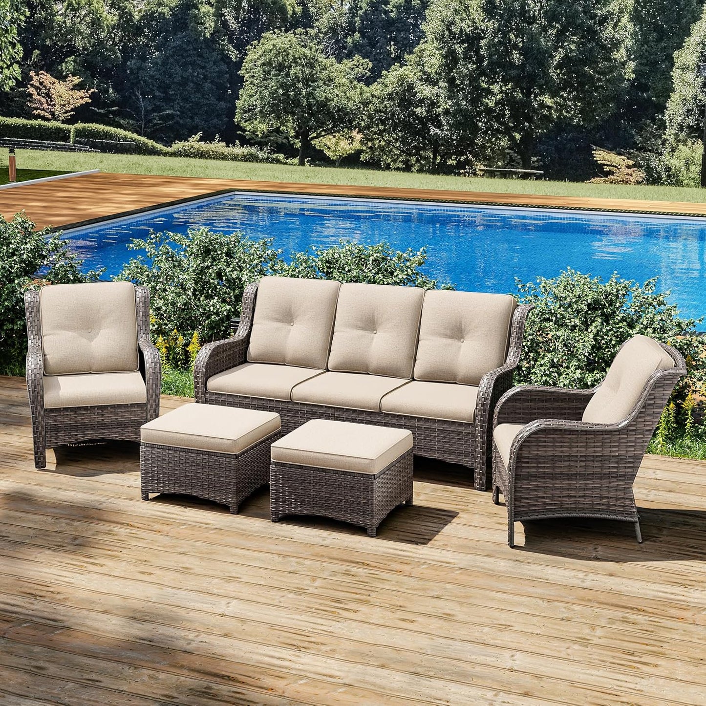 Joyside Patio Furniture Set 5-Piece Wicker Outdoor Furniture Conversational Set with 3-Seat Sofa, 2 Armchairs, 2 Ottoman Patio Rattan Wicker Sectional Sofa Set with Olefin Cushions(Mixed Grey/Beige)