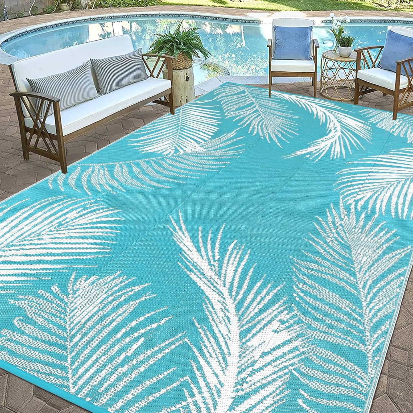 Pauwer Waterproof Outdoor Rug 10x14, Reversible Plastic Straw Patio Camping Rug, Indoor Outdoor RV Mat Carpet for Deck, Camper, Porch, Balcony, Backyard, Picnic, Leaf Teal