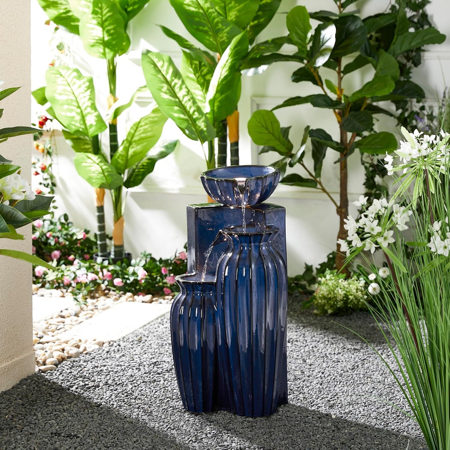 Glitzhome 26.75" H Ceramic Outdoor Water Fountain with LED Lights and Pump, Cobalt Blue Fluted Texture Cascading Waterfall Floor Standing Fountain for Porch Deck Garden Patio Backyard