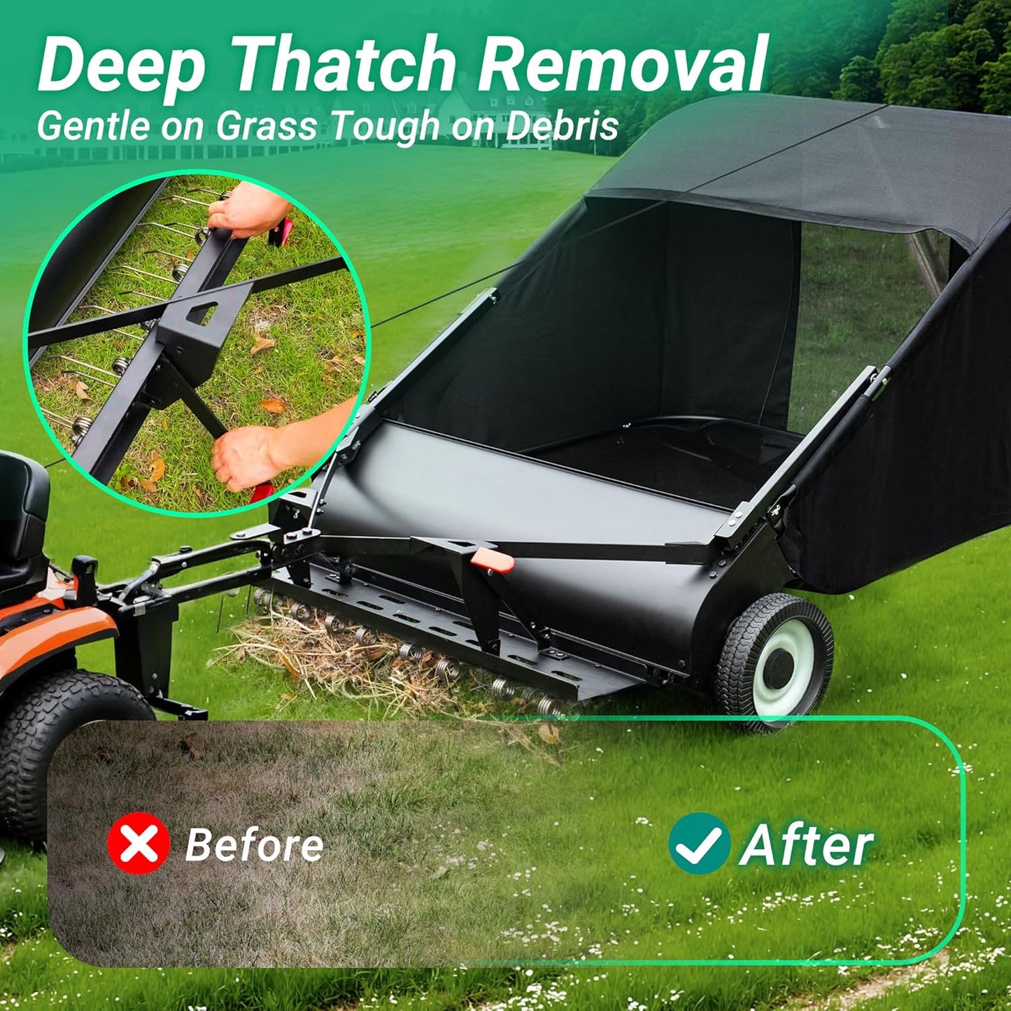 Suchtale 42" Tow Behind Lawn Sweeper with Dethatcher – 21 Cu. Ft. Leaf Collector with Adjustable Sweeping Height, Large Hamper Windscreen for Lawn, Yard, & Artificial Grass, Tractor/Mower Attachments