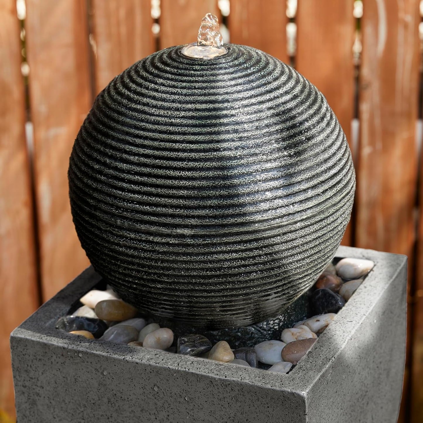 Glitzhome Modern Geometric Outdoor Water Fountain with LED Light, Oversized Pedestal Water Fountains with Submersible Pump, Sphere Floor Standing Fountain with Pebbles for Garden Patio Decor, 40.5”H
