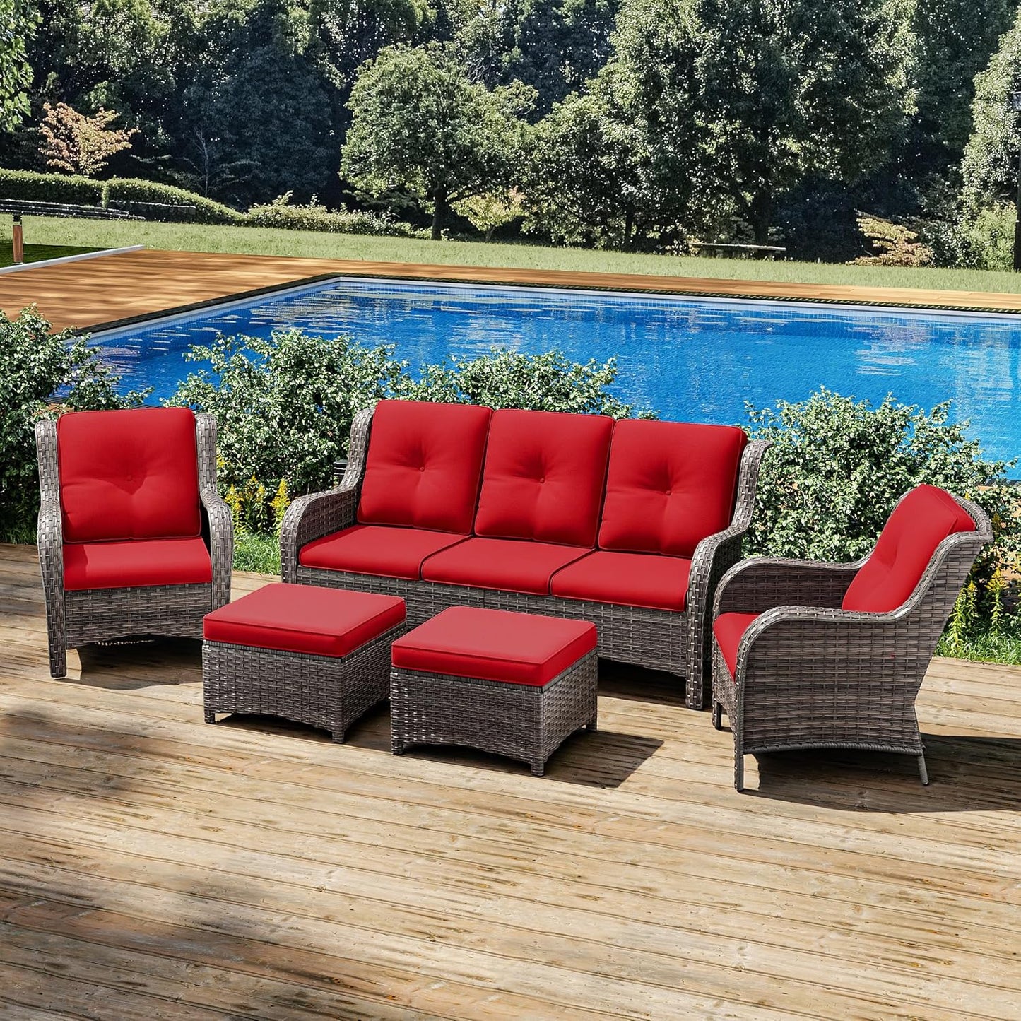 Joyside Patio Furniture Set 5-Piece Wicker Outdoor Furniture Conversational Set with 3-Seat Sofa, 2 Armchairs, 2 Ottoman Patio Rattan Wicker Sectional Sofa Set with Olefin Cushions(Mixed Grey/Red)