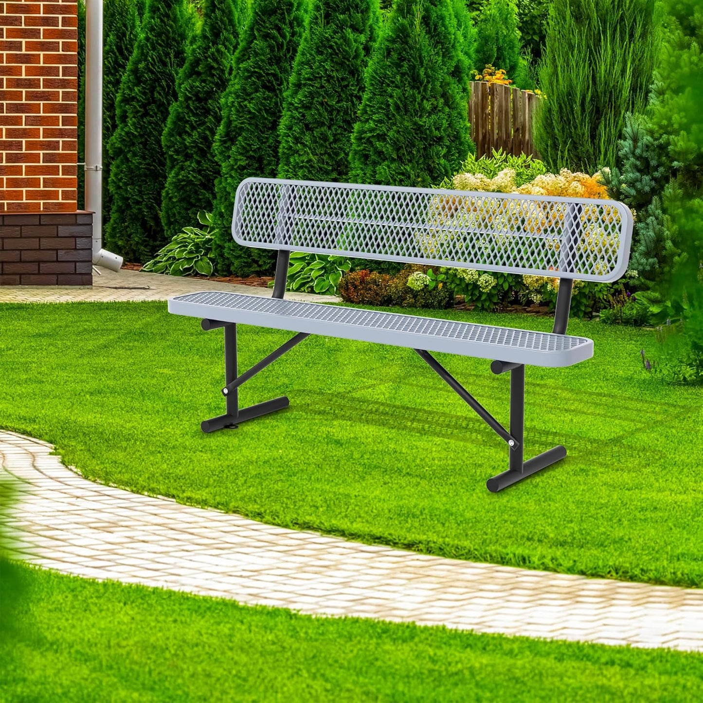 4/6/8 Feet Park Bench for Outside Heavy Duty Metal, Garden Benches Outdoor Bench with Backrest & Portable Frame, for Shopping Malls Stores Parks Patios Decks, Grey