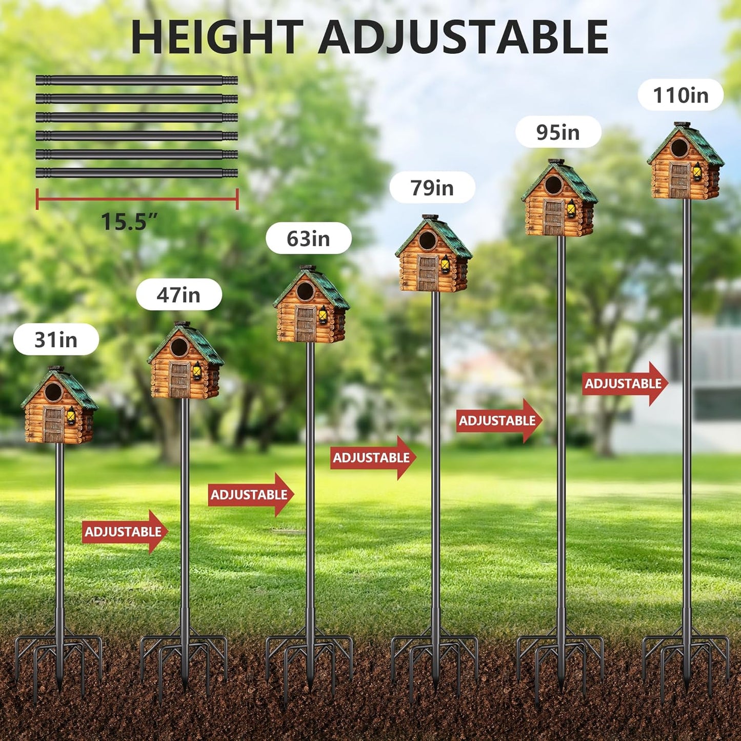 Bird Feeder Pole Kit 110 Inch,Bird House Pole for Outdoors Heavy Duty,5 Base Prongs Adjustable Birds Feeder Stand for House
