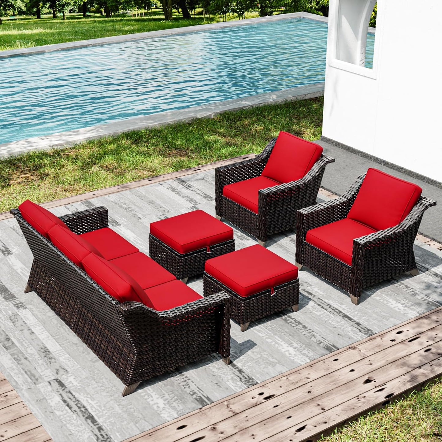 Joyside Wicker Patio Furniture Sets, 5 Pieces Upgraded Large Size Outdoor Furniture with Patio Dining Chairs, 3-Seat Sofa and Outdoor Ottoman, Thick Cushions, Wide Armrest