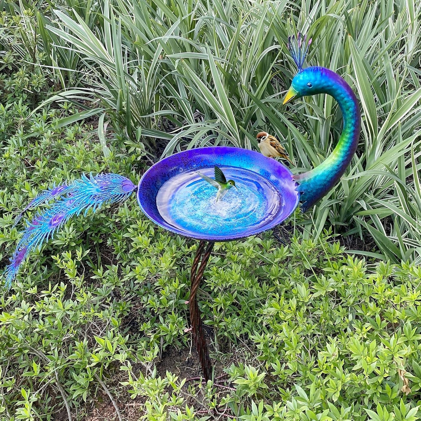 12.8" W*38.2" H Peacock Bird Baths for Outdoor, Metal Bird Feeder Seed Trayr,Bird Bath Drinker Plate, Garden Lawn Yard Decor(Multicolor)