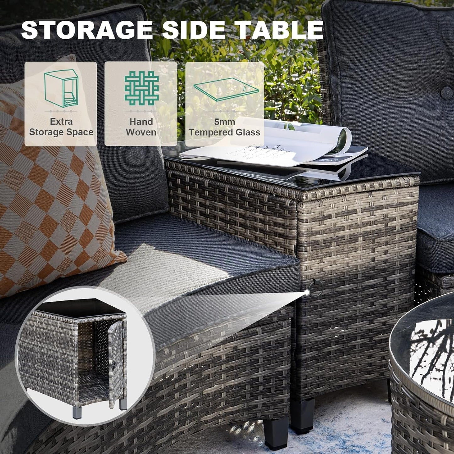 9 Piece Outdoor Patio Furniture Set, Half-Moon Curved Sectional Sofa Rattan Conversation Set with Wood Armrests, Coffee Table & Side Table(Grey)