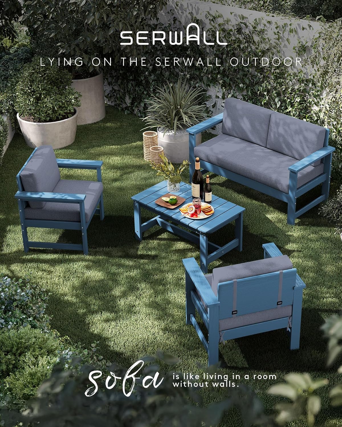 SERWALL 6 Pieces HDPE Outdoor Conversation Sofa Set with Cushions, All Weather Couch Loveseat Furniture with Coffee Table and Cushion, Outdoor Social Sofa Set, Blue Frame with Grey Cushions