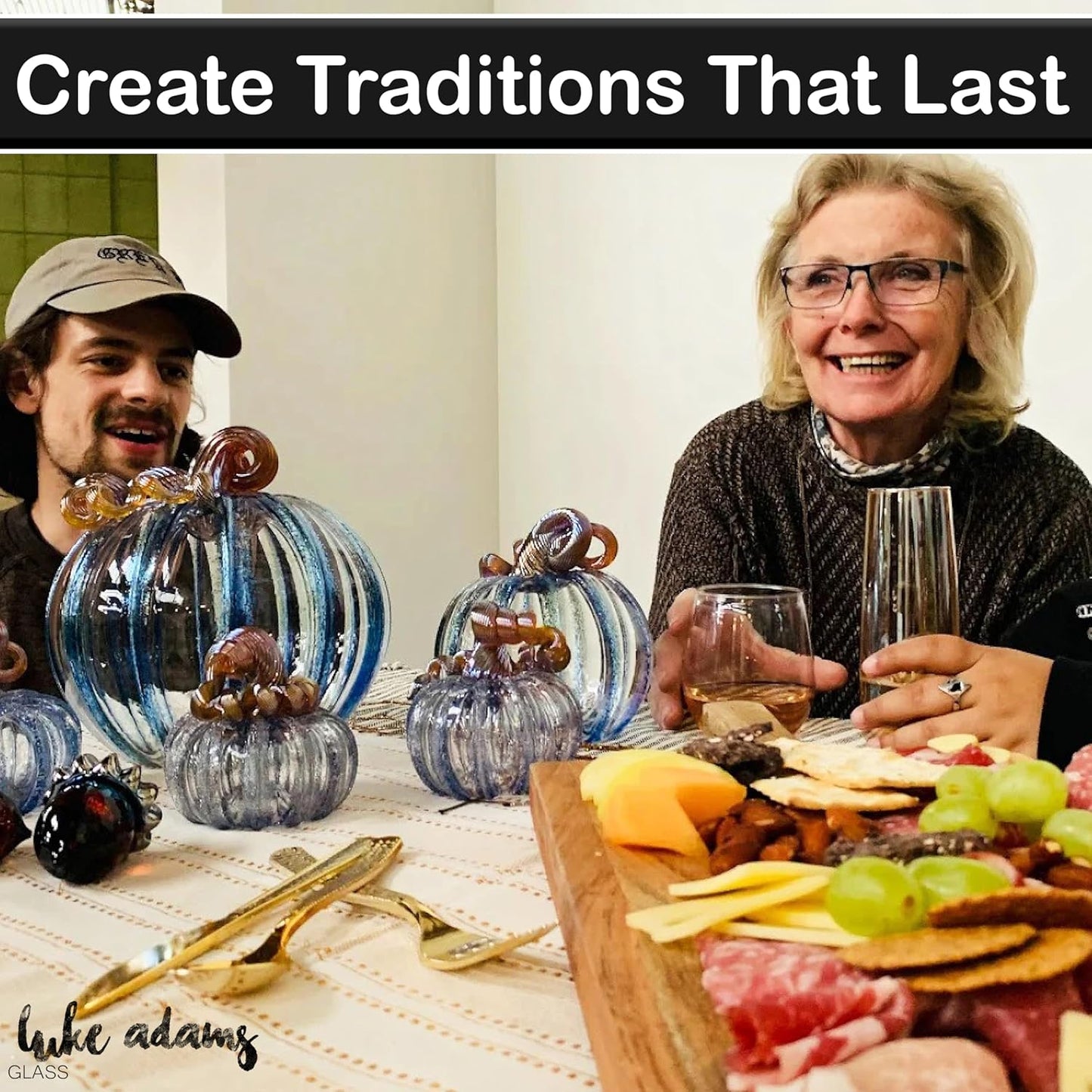 Luke Adams Glass | Handmade Glass Pumpkins | Handmade Table Top Home Decor (Squat, Green Tinsel)