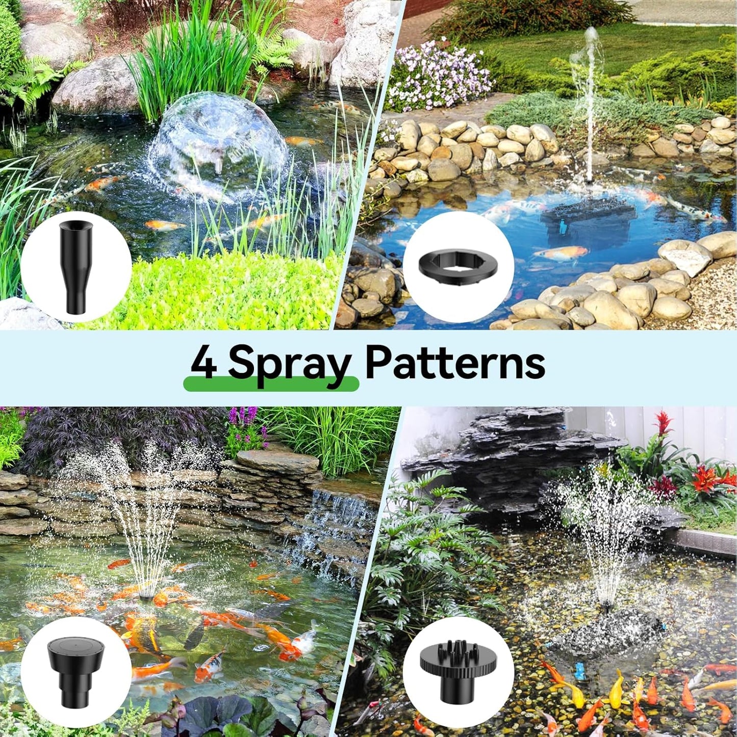 POPOSOAP 30W Solar Pond Filter with Fountain Pump, Pond Filters for Outdoor Ponds with 430GPH Pond Pump & 4 Fountain Heads and 6.5Ft PVC Tubing for Garden Water Features Waterfall Koi Pond
