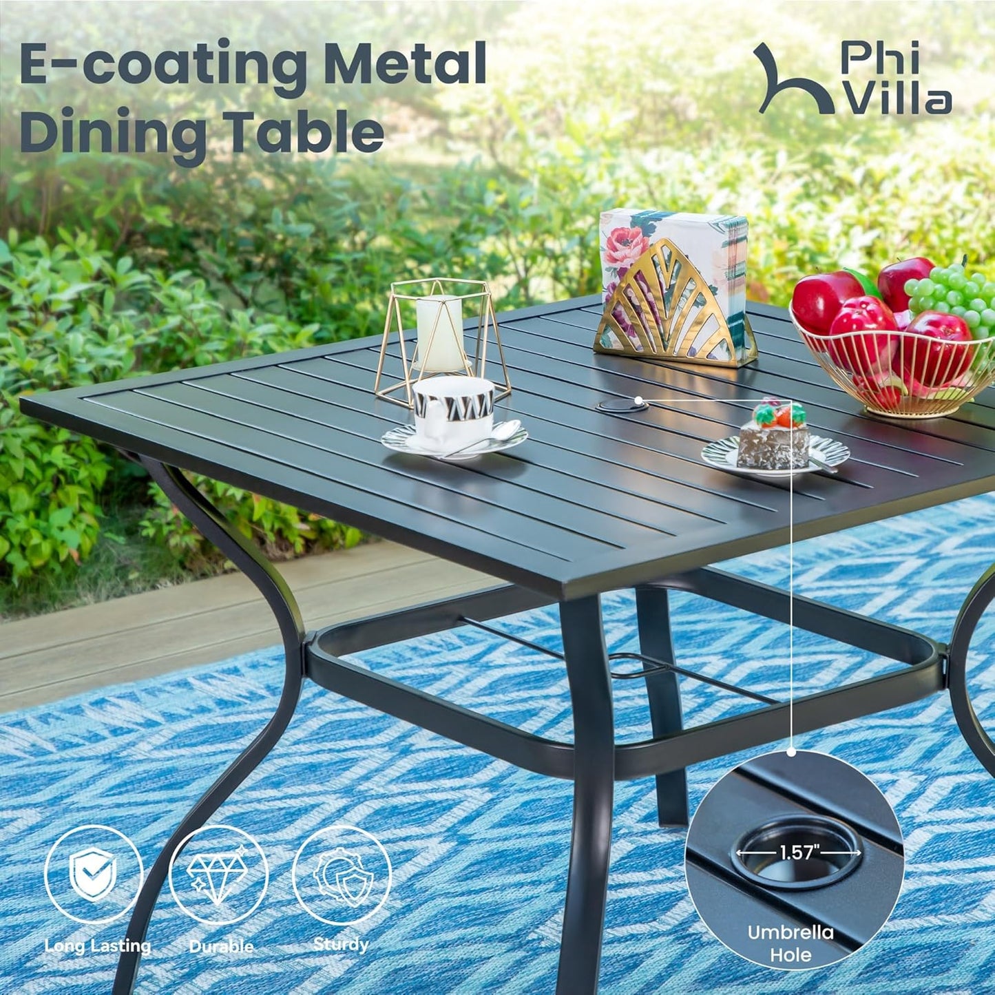 PHI VILLA 5 PCS Outdoor Patio Dining Set with Swivel Dining Chairs (Blue) and 37"x 37" Metal Steel Dining Table(1.57" Umbrella Hole), All Weather Patio Dining Furniture Set for Deck Lawn Garden