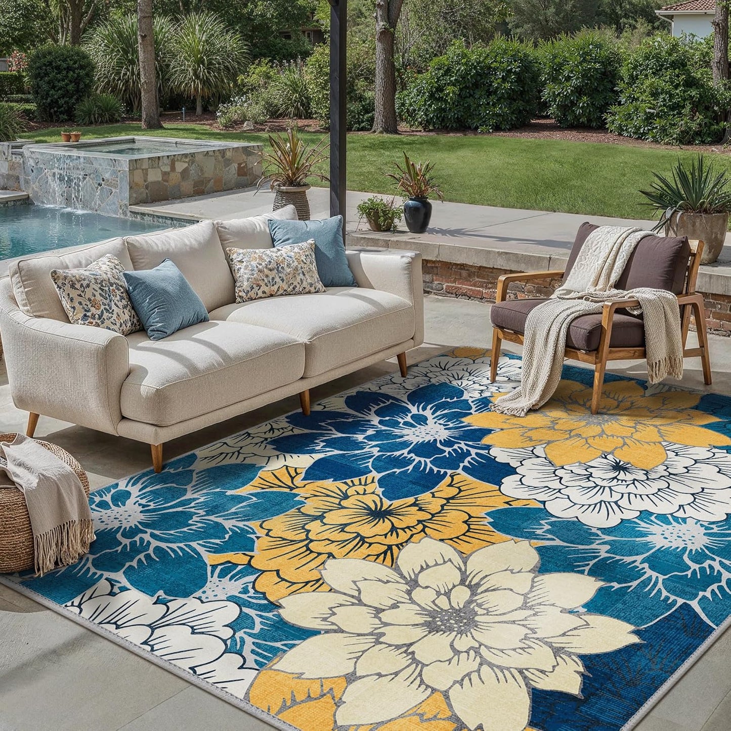 GENIMO Indoor Outdoor Area Rug 8' X 10' Waterproof, Washable Patio Rug Non Shedding, Easy Cleaning Floral Outdoor Carpet for Living Room, Bedroom, Dining Room, Balcony, Backyard, Deck, RV, Blue