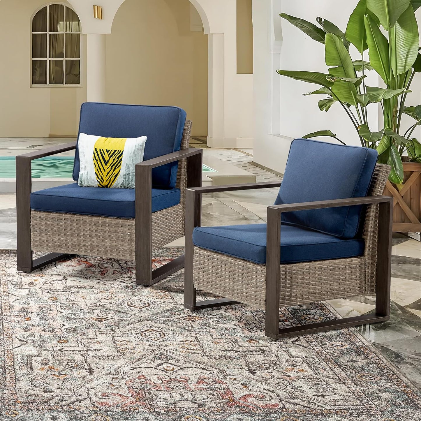 Patio Metal Wicker Chairs Set of 2, All Weather Outdoor Rattan Dining Chairs with Rectangular Framed Wood-Looking Armrest & Fade-Resistant Cushions for Deck Balcony Backyard, Dark Blue