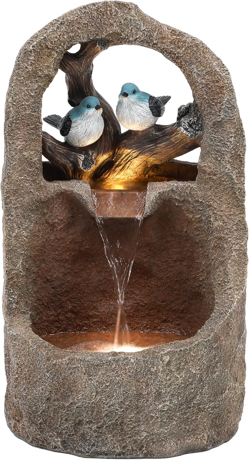 27" 2-Tier Bird Outdoor Water Fountain with Lights, Natural Zen Garden Fountain, Relaxing Waterfall Floor, Yard, Porch or Deck Decor, Whether-Resistant, Faux Granite Texture