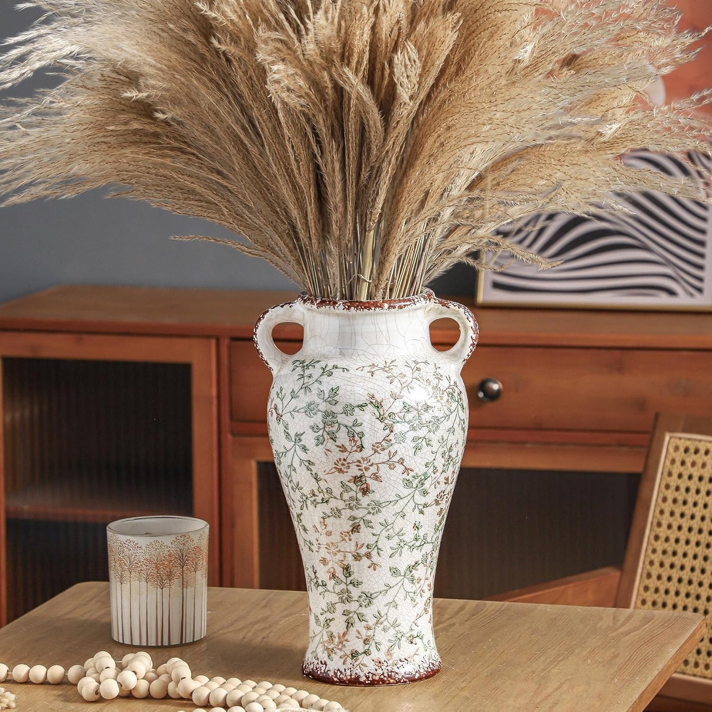 Enra Farmhouse Vintage vase with Handle,12.6 in Ceramic Chinoiserie Floral Vase,Green and Beige Decorative Flower vase,Large Rustic Vases for Home Decors, Living Room, Bookshelf, Office