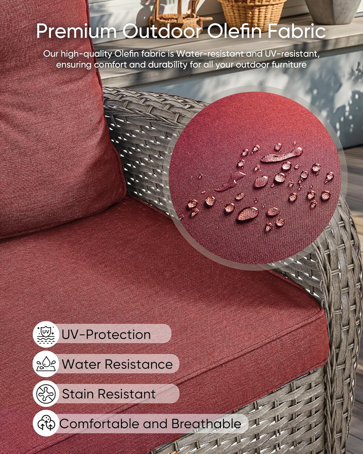 HUMMUH 2-Person Outdoor Glider Bench-All-Weather Wicker Patio Double Swing Rocking Chair Patio Loveseat for Deck Lawn Porch Balcony Poolside-Grey/Red